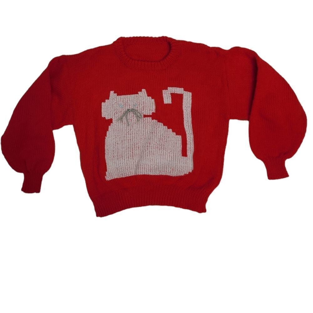 VINTAGE handmade red‎ knit cat kids sweater M/L